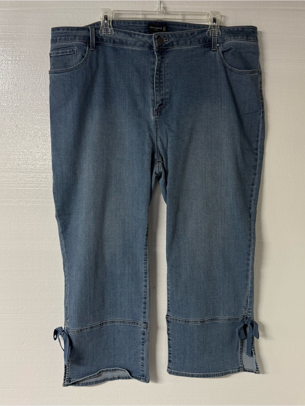 Susan Graver Denim Capri Jeans Women 22W Blue Cropped Tie Bow Split Side Cuffs
